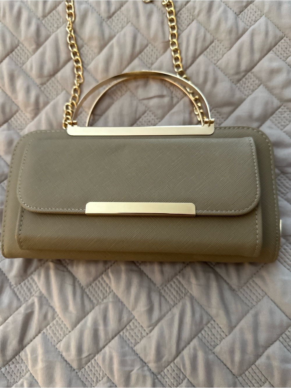 Faux Leather Top Handle Crossbody Clutch Taupe Gold Chain Structured Mini Bag - Picture 7 of 11